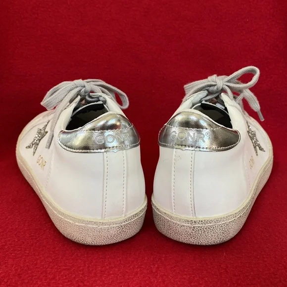 New White Vintage-Look Designer-Like Sneakers w/Silver Glitter Stars Euro 44 - Picture 7 of 8